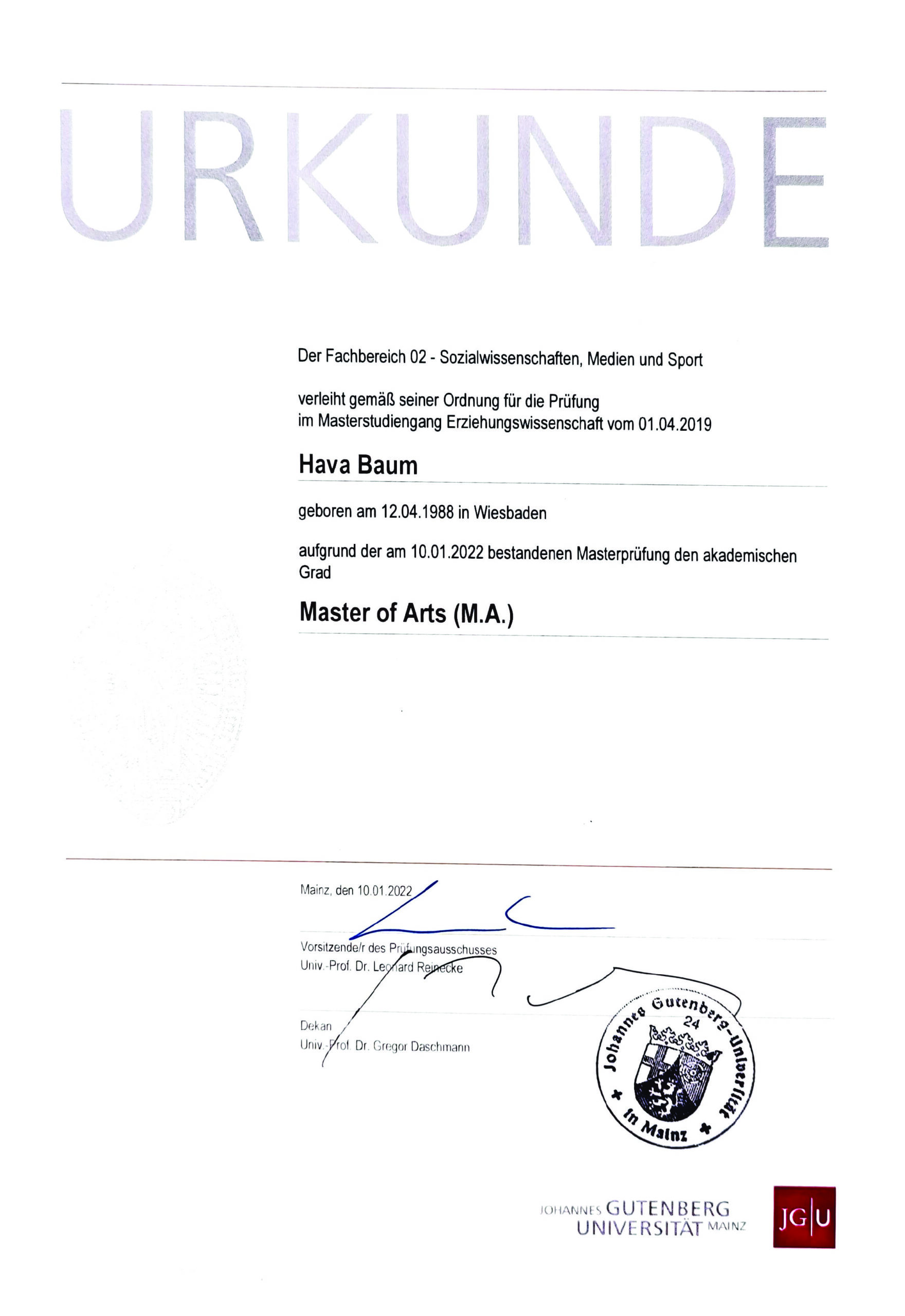 Master of Arts Erziehungswissenschaften 2022