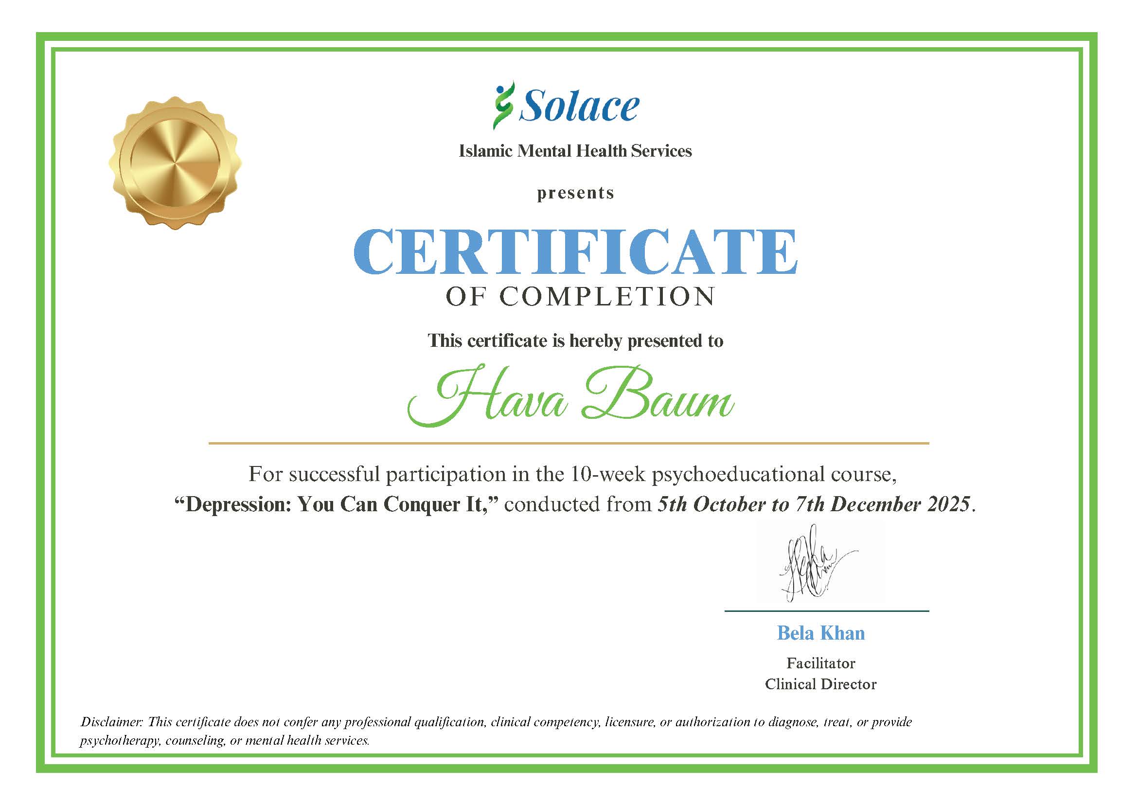 Certificate of completion psychoeducational course "Depression: You Can Conquer It"