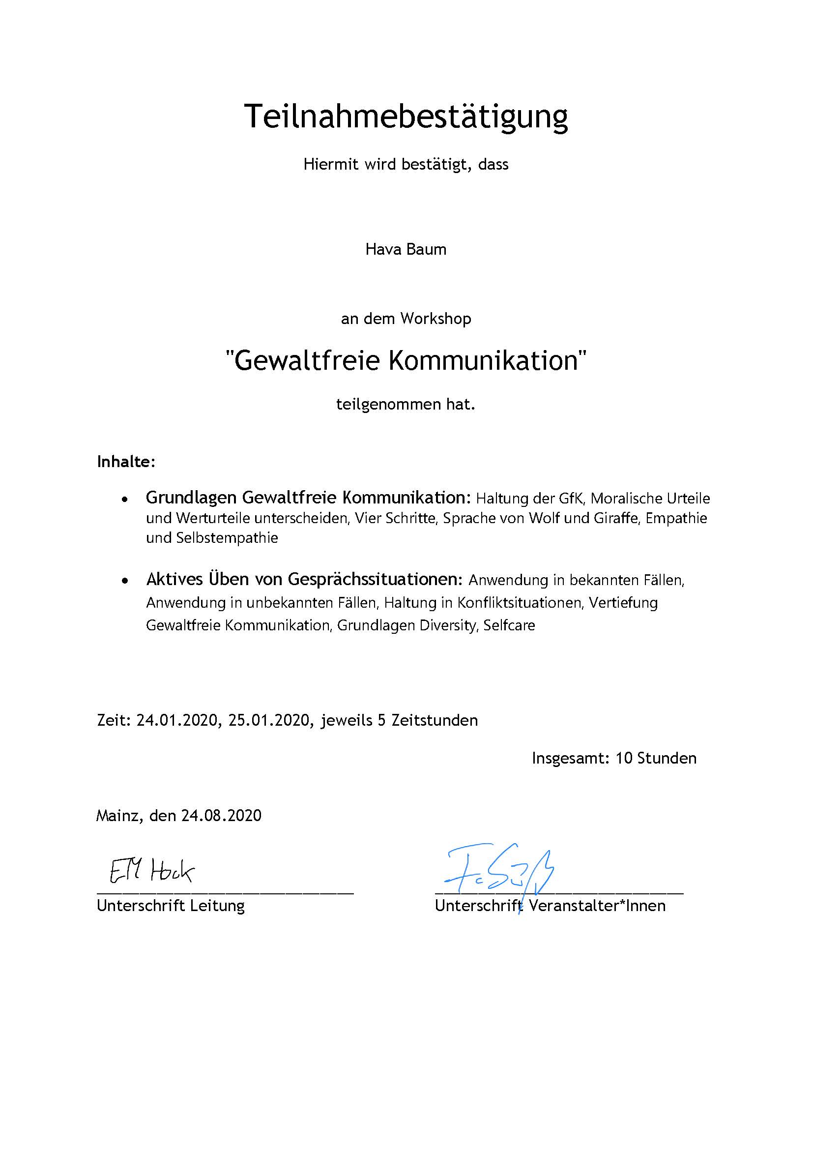 Teilnahme Workshop "Gewaltfreie Kommunikation" 2020